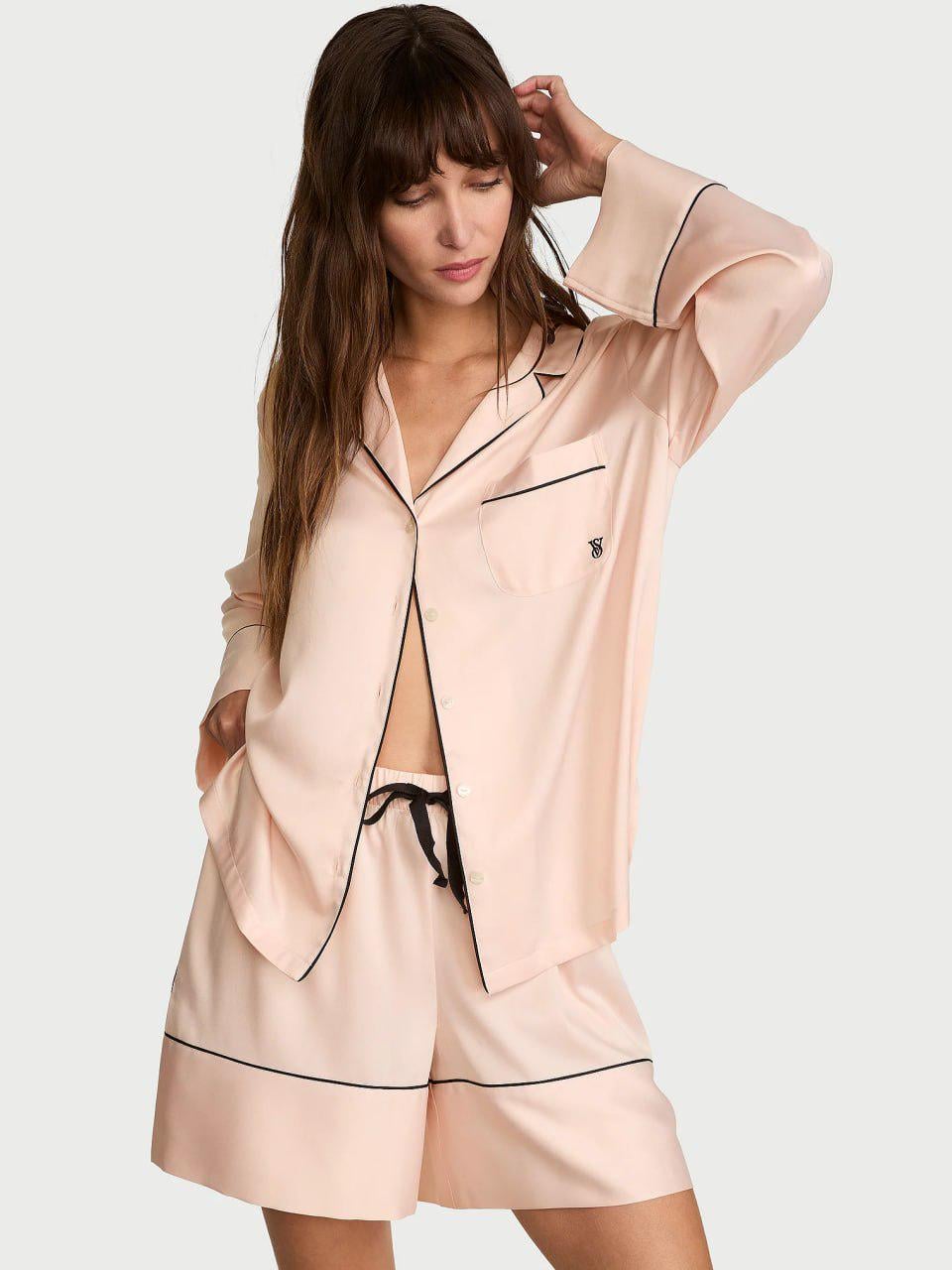 Пижама Victoria's Secret Signature Satin Long-Sleeve Short Pajama Set S Розовый (27178742D)