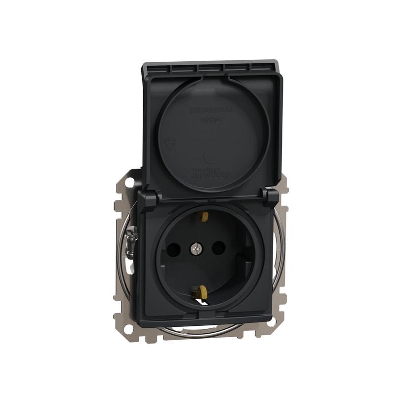 Розетка Schneider Electric ABS-UV Sedna Design&Element с заземлением с шторками и крышкой Черный (SDD114024)