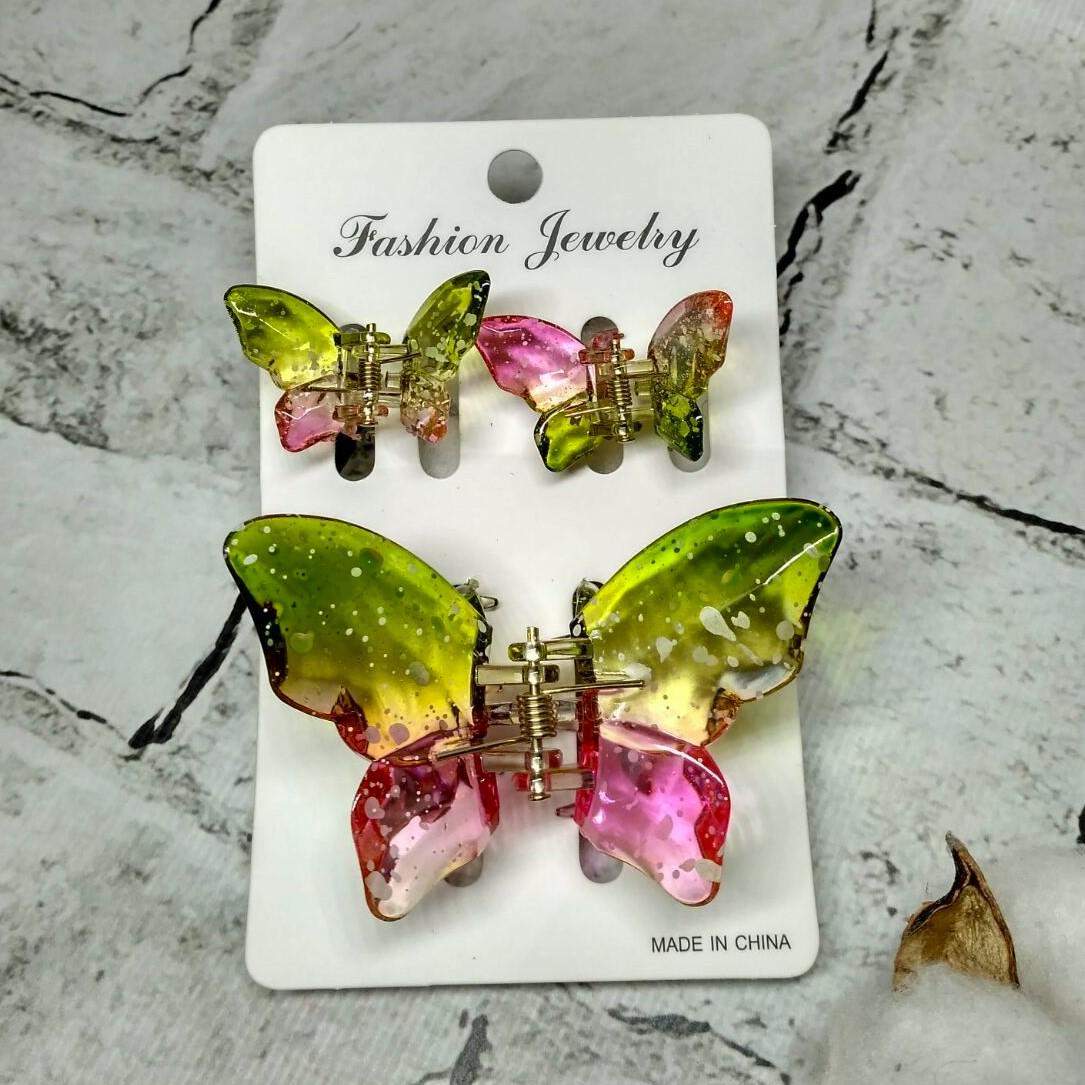 Крабик для волос Бабочки заколка зажим набор из 3 шт. Зеленый с розовым (11418-5)