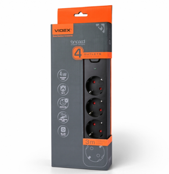 Удлинитель Videx ONCORD 4гнезда с кнопкой 3 м Черный (29436104) - фото 4