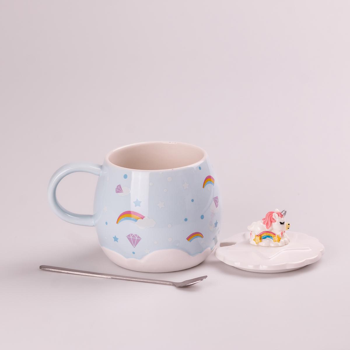 Чашка керамическая Rainbow с крышкой и ложкой 400 мл Голубой (HPCY8278BL)