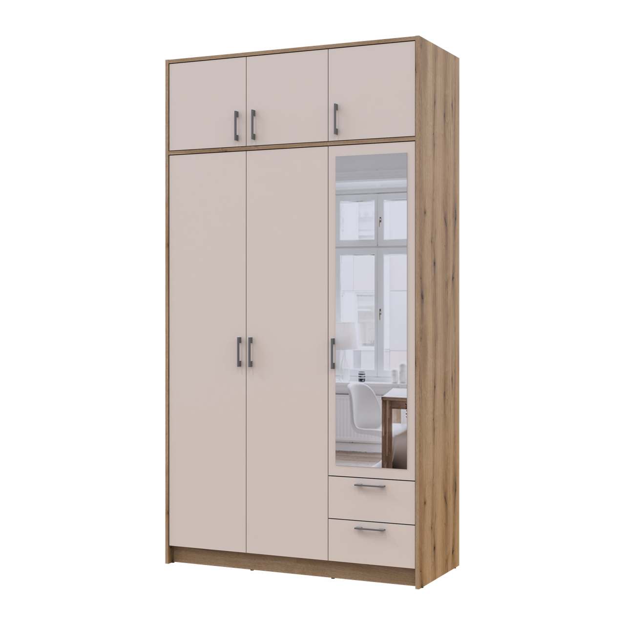 Шафа розпашна для одягу Doros Ронді з антресолею та дзеркалом 3ДСП 121х52х236 см Дуб Артізан/Кашемір (80737821)