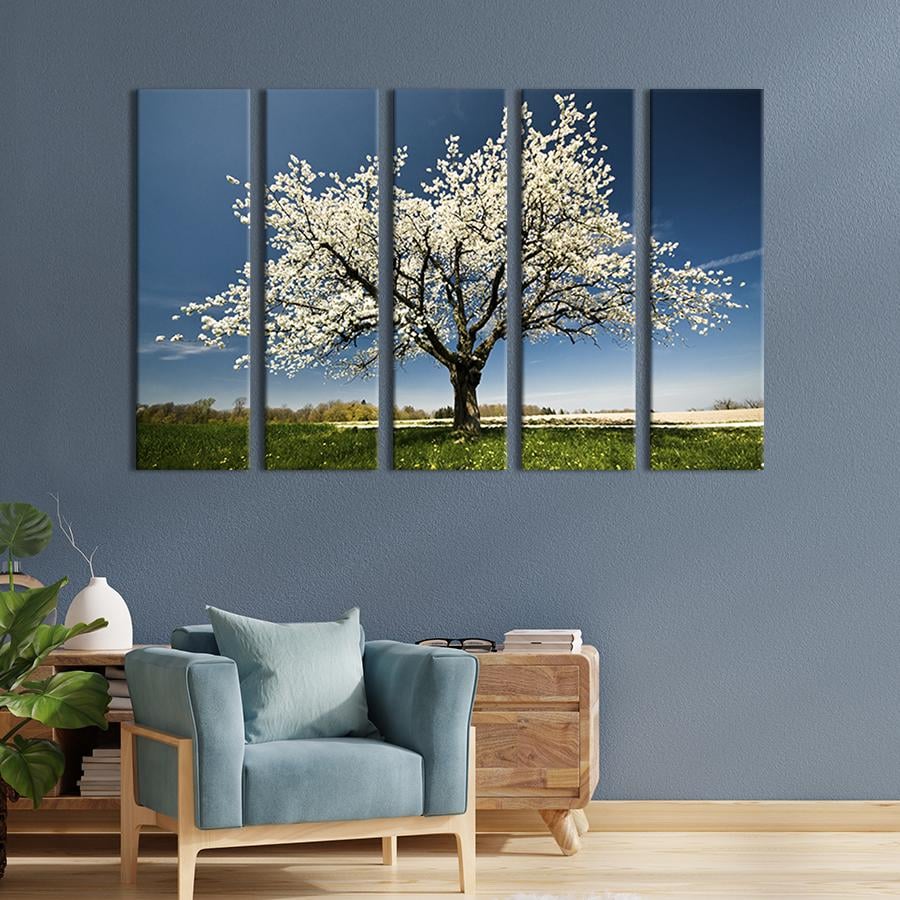 Модульная картина из 5 частей на холсте интерьерная картина Белые цветы на дереве 155x95 см (546-51) Модульная картина из 5 частей на холсте интерьерная картина Белые цветы на дереве 155x95 см (546-51)