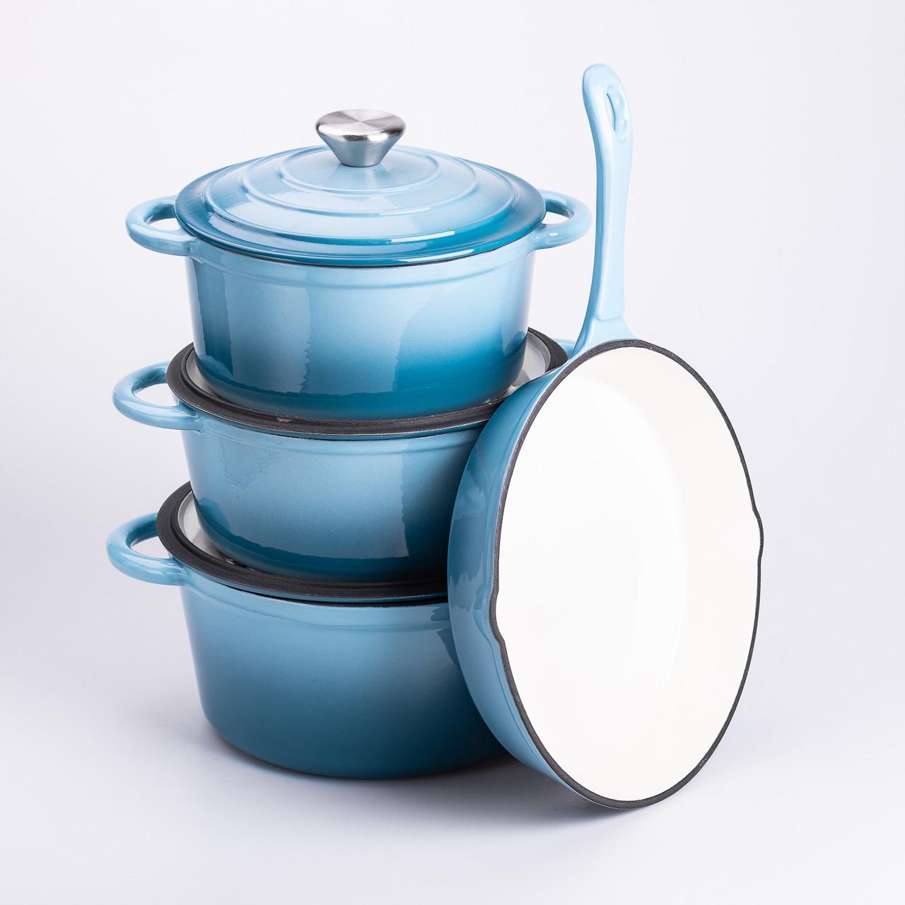 Набор чугунной посуды для приготовления с эмалированным покрытием сковорода/3 кастрюли Голубой (6821) Набор чугунной посуды для приготовления с эмалированным покрытием сковорода/3 кастрюли Голубой (6821)