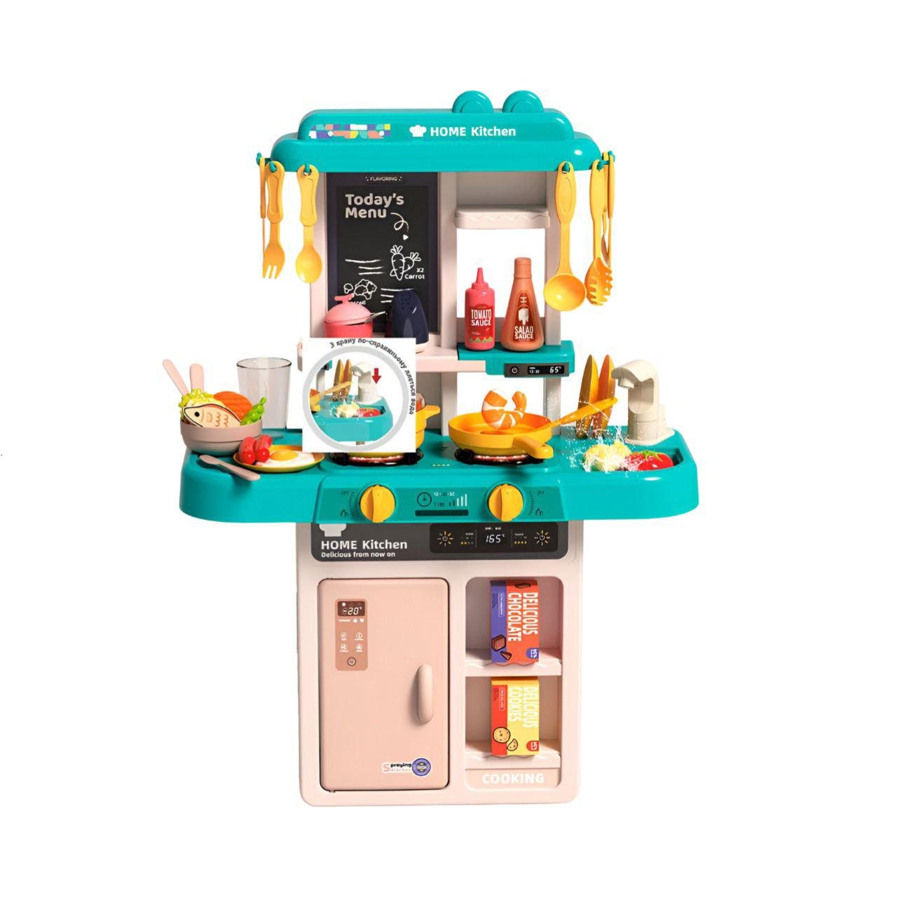 Детская кухня 889-257 с водяной мойкой посудой и продуктами 43 предмета Синий