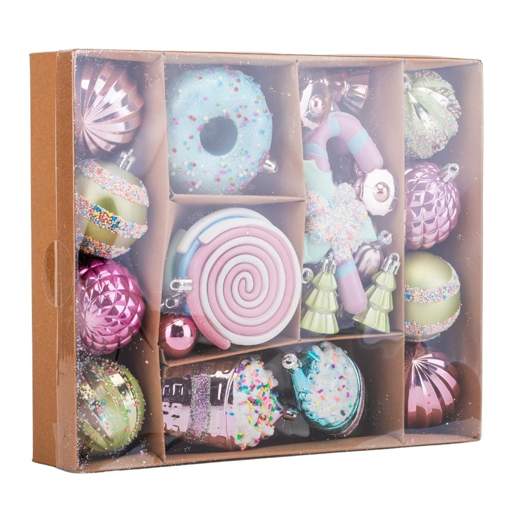 Набір ялинкових іграшок для декору Солодке свято 48 шт. з пластику в коробці Різнокольоровий (147-81-9125-033) - фото 2 Набір ялинкових іграшок для декору Солодке свято 48 шт. з пластику в коробці Різнокольоровий (147-81-9125-033) - фото 2