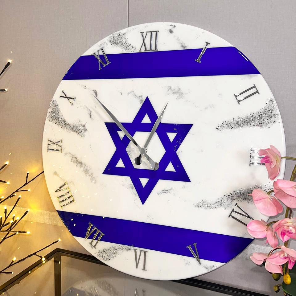 Часы настенные круглые из эпоксидной смолы Флаг Израиля 60x60 см