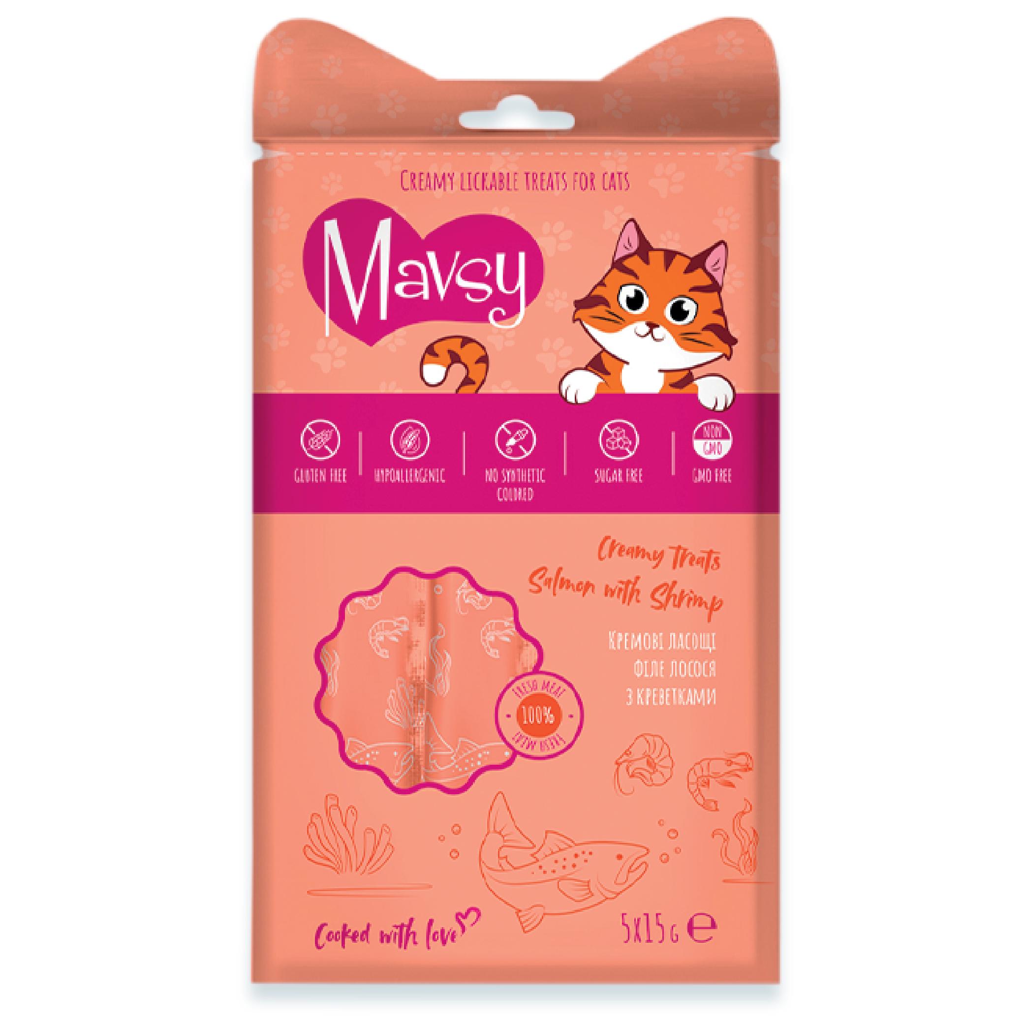 Ласощі для котів MAVSY Creamy lickable treats salmon with shrimp for cats Лосось з креветками 5 шт. 15 г (13501968) - фото 2 Ласощі для котів MAVSY Creamy lickable treats salmon with shrimp for cats Лосось з креветками 5 шт. 15 г (13501968) - фото 2