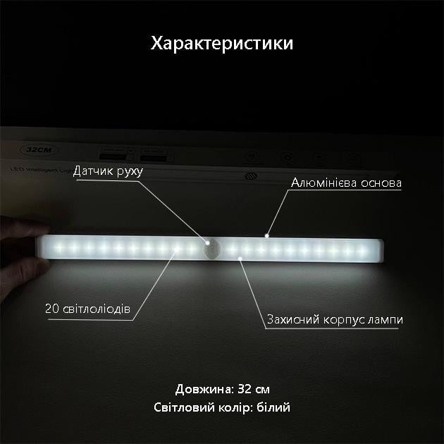 Ночной светильник с датчиком движения Intelligent аккумуляторный магнитный LED линейный алюминиевый 32 см - фото 10