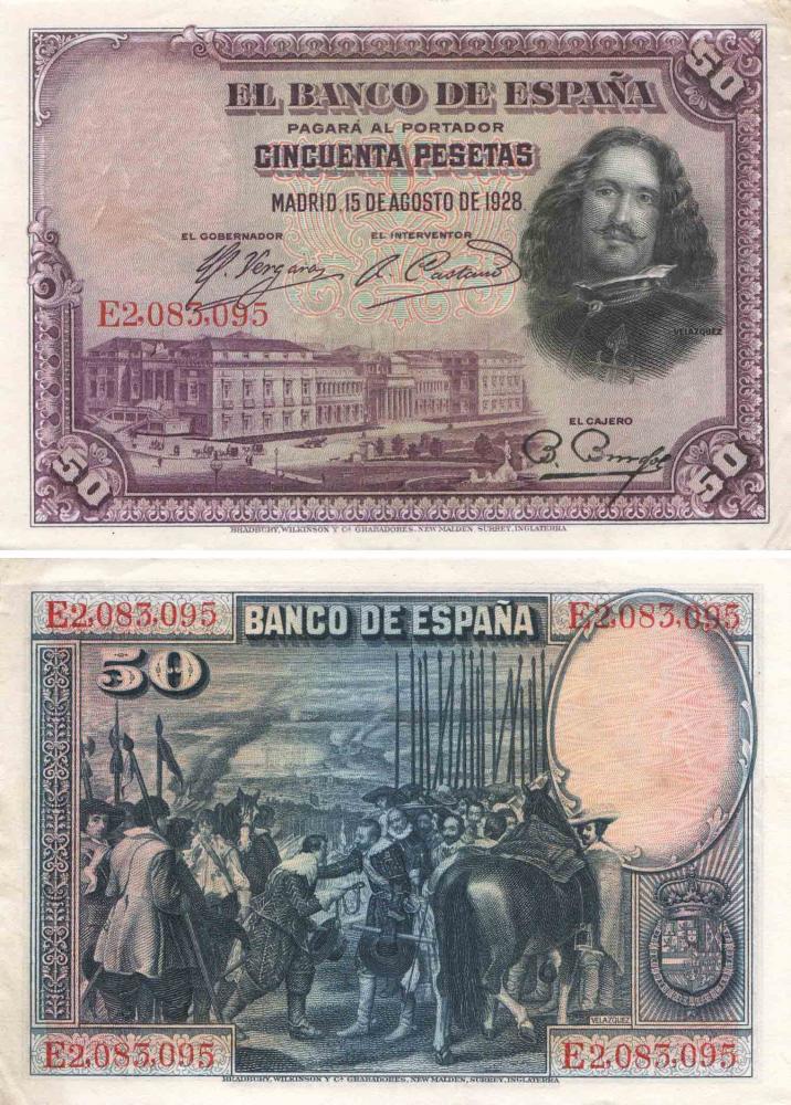 Коллекционная банкнота Испания 50 песет 1928 F-VF Из оборота P75 (Б08760)