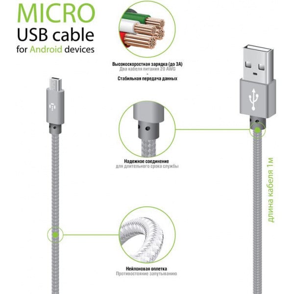 Кабель Intaleo CBGNYL1 USB-microUSB 1 м Grey (1283126477676)