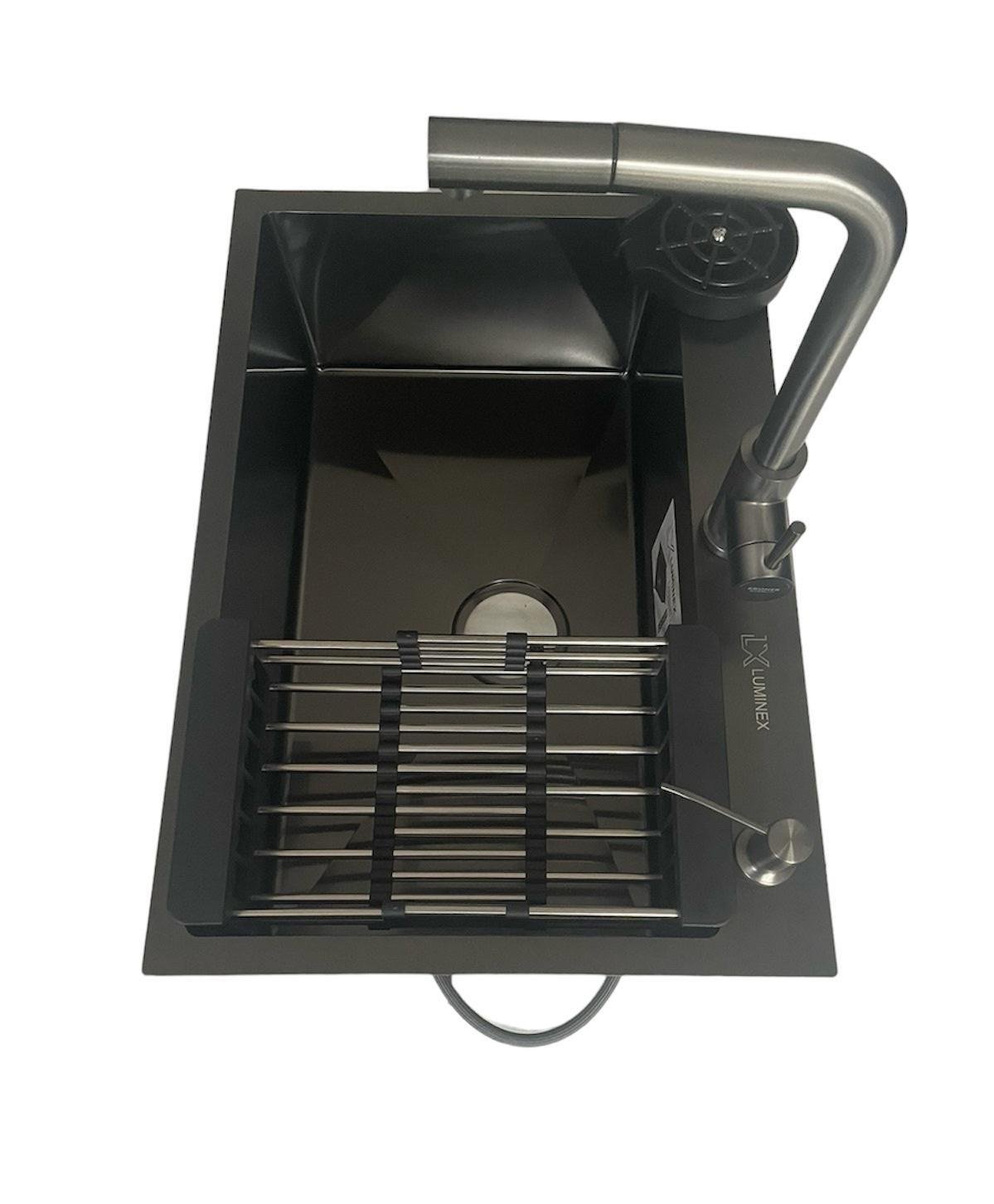 Мойка Luminex 6545 и смеситель Kroner PVD03917 с выдвижным изливом/ополаскиватель для стаканов Черный