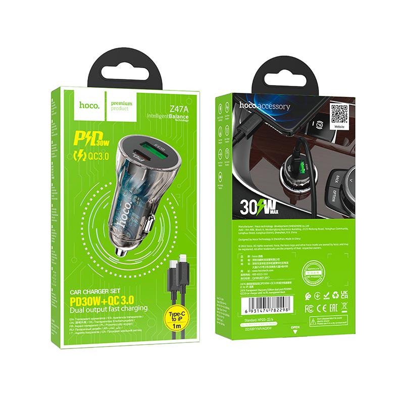 Автомобильное зарядное устройство Hoco Type-C to Lightning CableTransparent Discovery Edition Dual Port Z47A QC/PD 30W 3A Transparent/Black (11870423) - фото 4