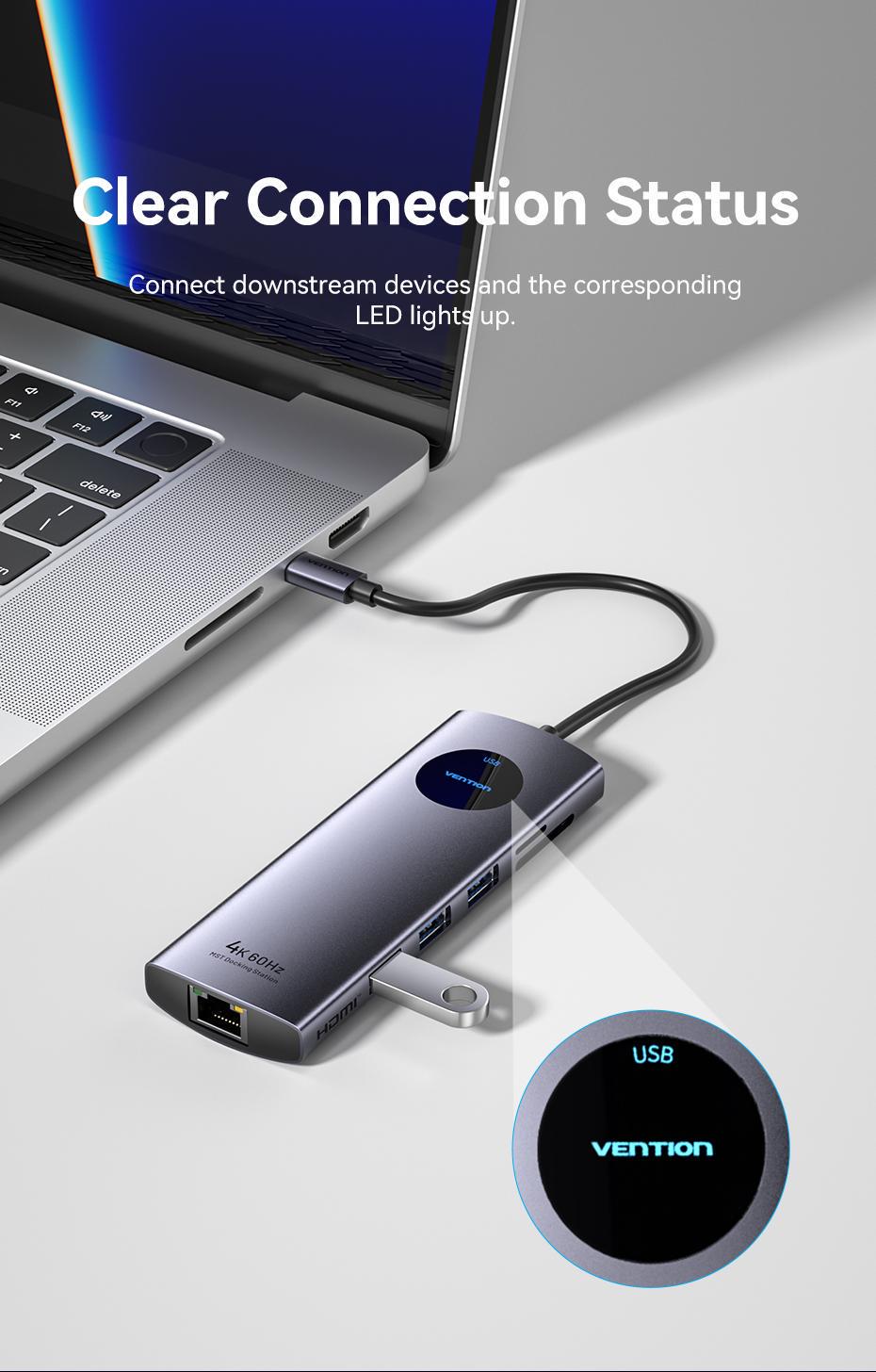 Док-станція Vention USB-C MST 2xHDMI 4K 60Hz PD 100W Gigabit Ethernet USB 3.0 SD/TF 0.15 м Сірий (TQVHB) - фото 3