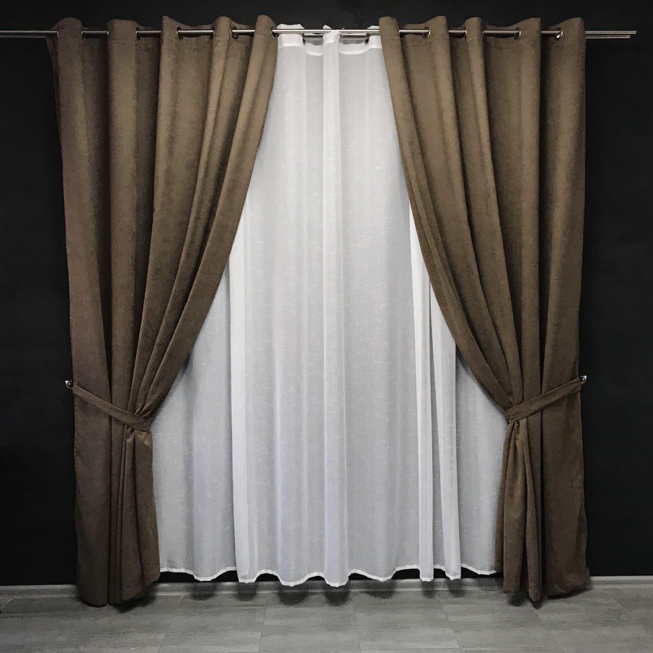 Шторы готовые однотонные из микровелюра с шифоновым тюлем на люверсах Кофейный