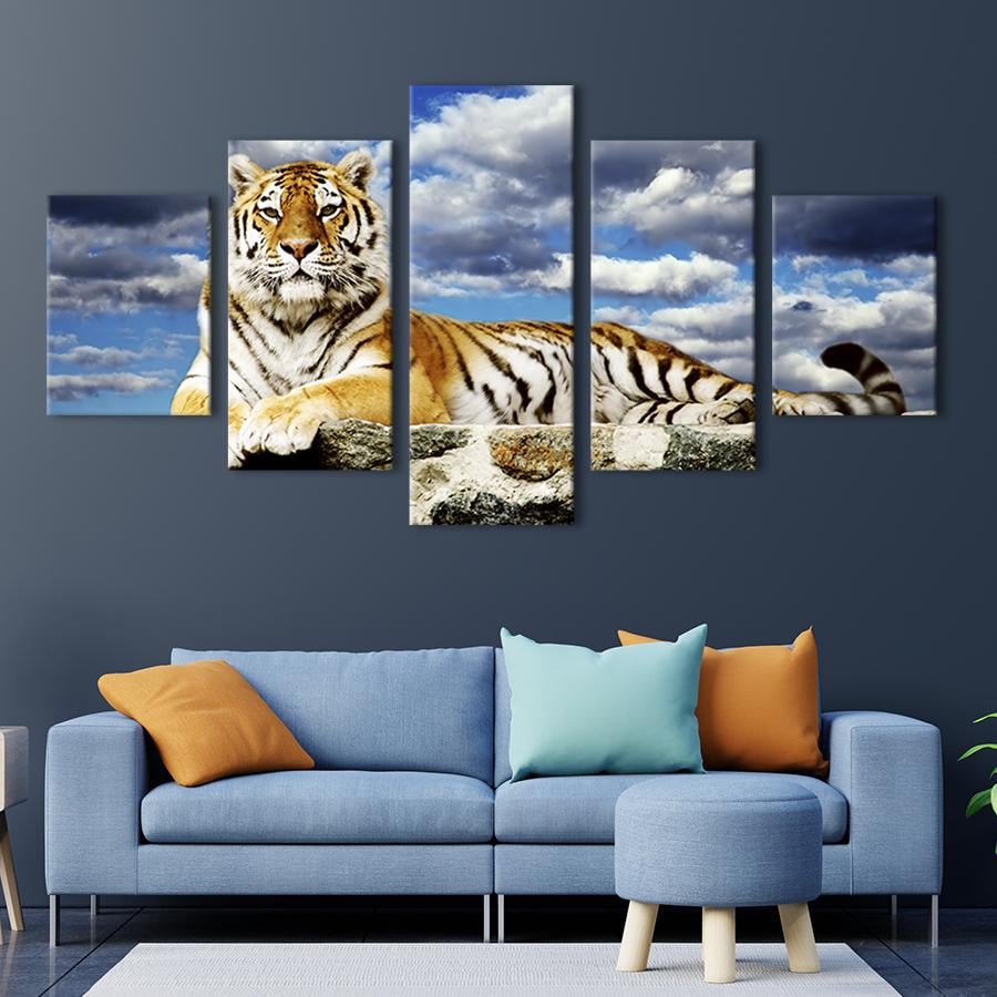 Модульная картина из 5 частей на холсте интерьерная картина Облачное небо и тигр 162x80 см (131-52) Модульная картина из 5 частей на холсте интерьерная картина Облачное небо и тигр 162x80 см (131-52)