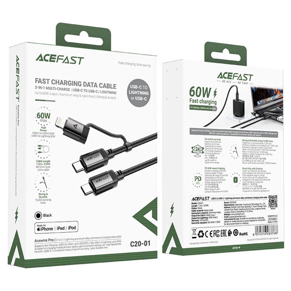 Кабель C20-01 USB-C to USB-C Lightning 60W 1,2 м Black (26712799) - фото 3