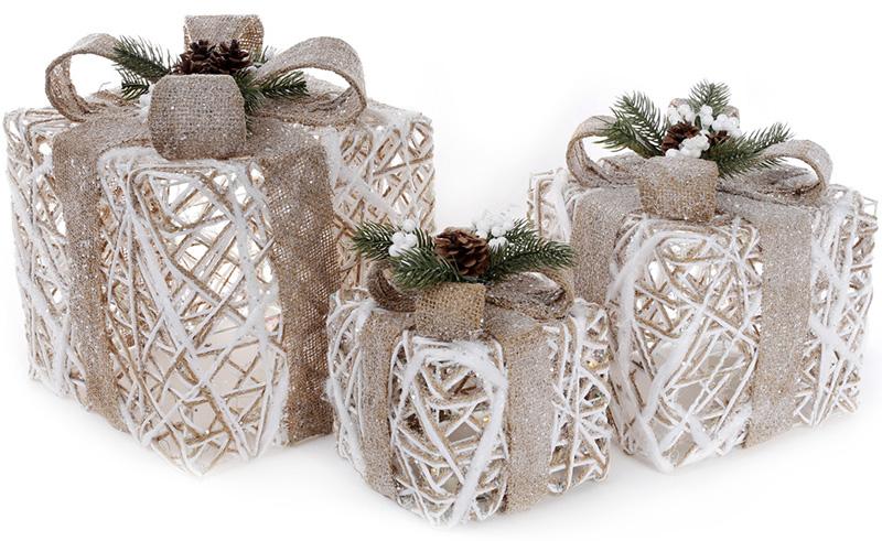 Набор декоративных подарков Банты с LED-подсветкой 15х20/20х25/25х30 см 3 шт. Белый/Бежевый