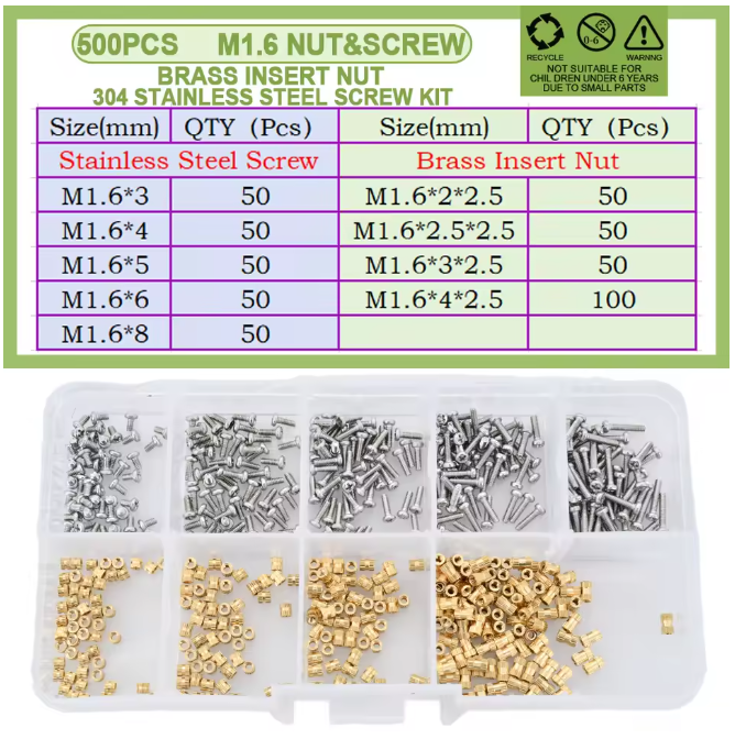 Комплект термовставки и винты DIN7985 для 3D печати PLA/ABS Spec М1,6 мм 500 шт. (SP-16916500) - фото 2 Комплект термовставки и винты DIN7985 для 3D печати PLA/ABS Spec М1,6 мм 500 шт. (SP-16916500) - фото 2