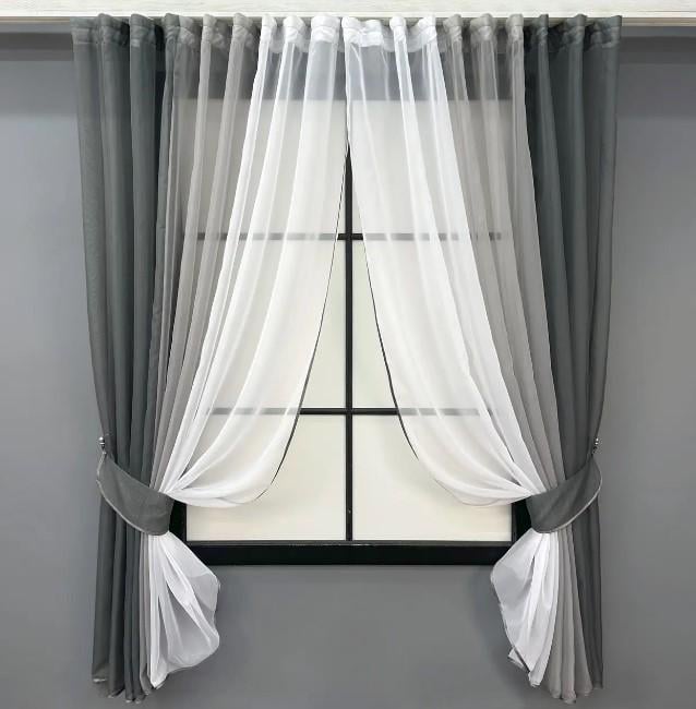 Шторы кухонные шифон 400х170 см Графитовый/Серый/Белый (054к)