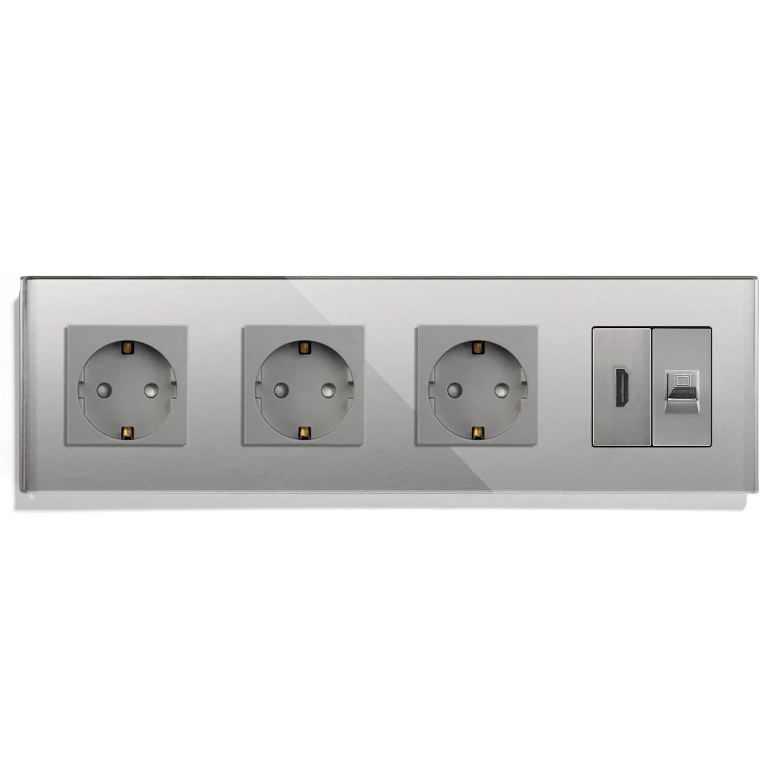 Розетка четырехместная LUXION с HDMI/интернет RJ-45 настенная стеклянная рамка Серый (LX-M4FHDMICAT6-GY)