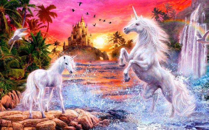 Алмазная мозаика Strateg Сказки Единороги у водопада 30х40 см на подрамнике (HX326-mt)
