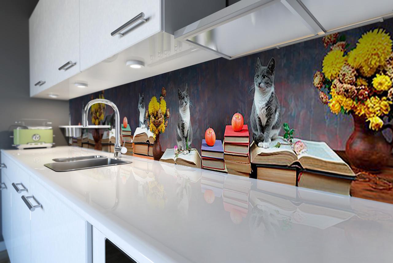 Кухонный фартук Книги георгины коты из самоклеящейся виниловой пленки 60х300 см Серый