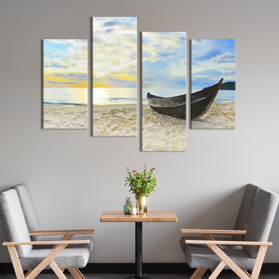 Картина модульная из 4 частей Черная лодка на белом песчаном берегу M 89x56 см (413-42)