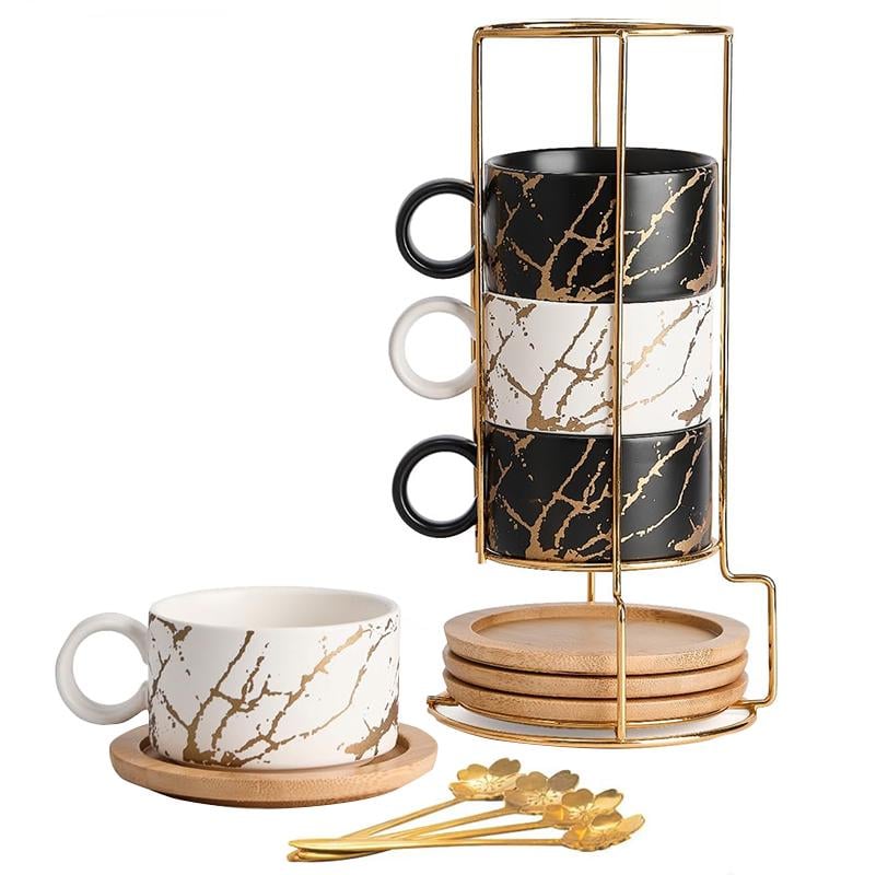 Набор чашек Мраморная роскошь для чая/кофе с бамбуковым блюдцем-подставкой и ложкой для чая кофе 4 шт. Black/White