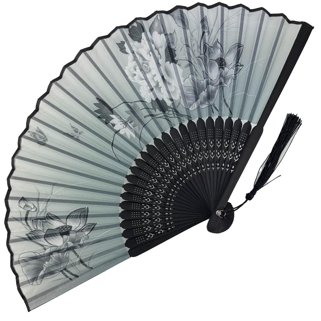 Віяло жіноче складане з пензликом Лілії 21х37 см Сірий (C6215)