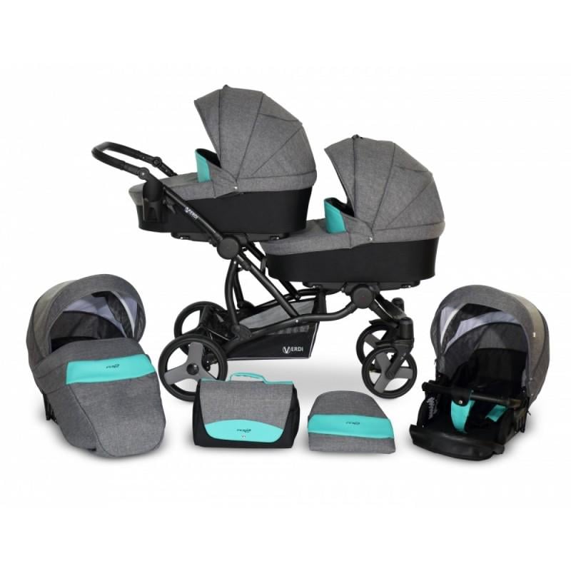 Коляска для двійні Verdi For 1 з дощовиком 2 чохла на ніжки Сірий/Бірюзовий