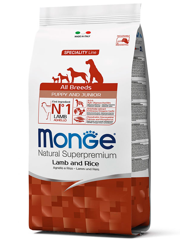 Корм сухий для цуценят і юніорів усіх порід Monge DOG All breeds Puppy&Junior з ягням/рисом і картоплею 15 кг