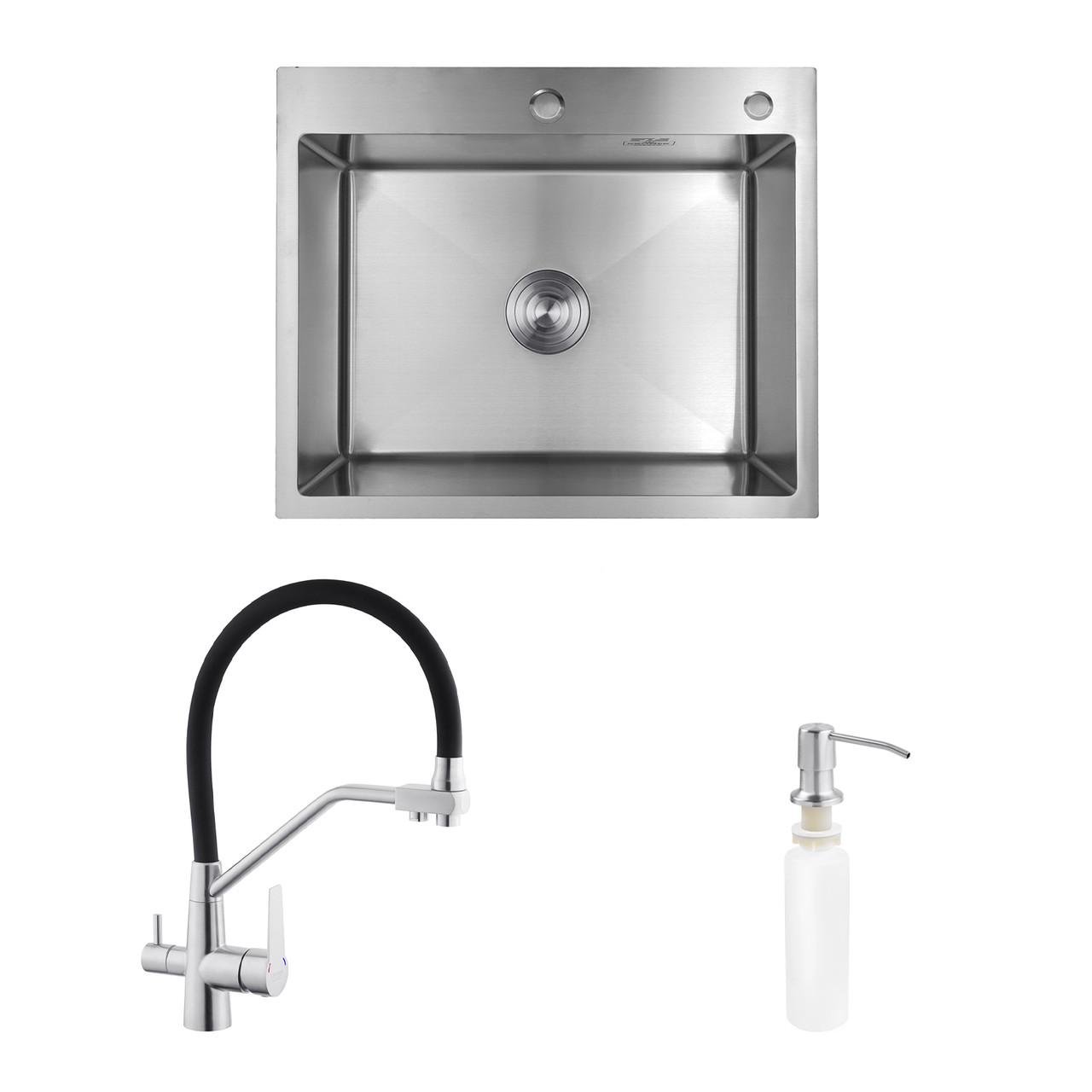 Комплект кухонная мойка Kroner Gebürstet-6050HM/смеситель Klassisch-ESG03817BLK/дозатор Spender-016 (2669564661)