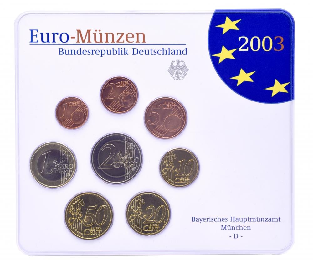 Коллекционные монеты Германия набор из 8 монет евро 2003 UNC D 1/2/5/10/20/50 евроцентов 1/2 евро в сувенирной упаковке (М14880)