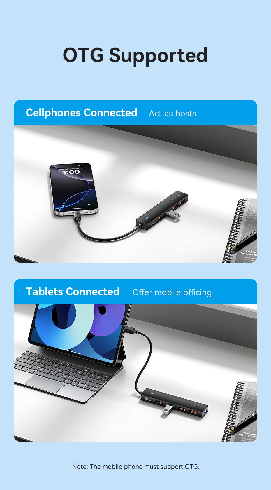 USB-хаб Vention 4xUSB-A 3.2 Gen 2 10 Гбіт/с Зарядка 100 Вт OTG 0.15 м Чорний (CKCBB) - фото 8 USB-хаб Vention 4xUSB-A 3.2 Gen 2 10 Гбіт/с Зарядка 100 Вт OTG 0.15 м Чорний (CKCBB) - фото 8