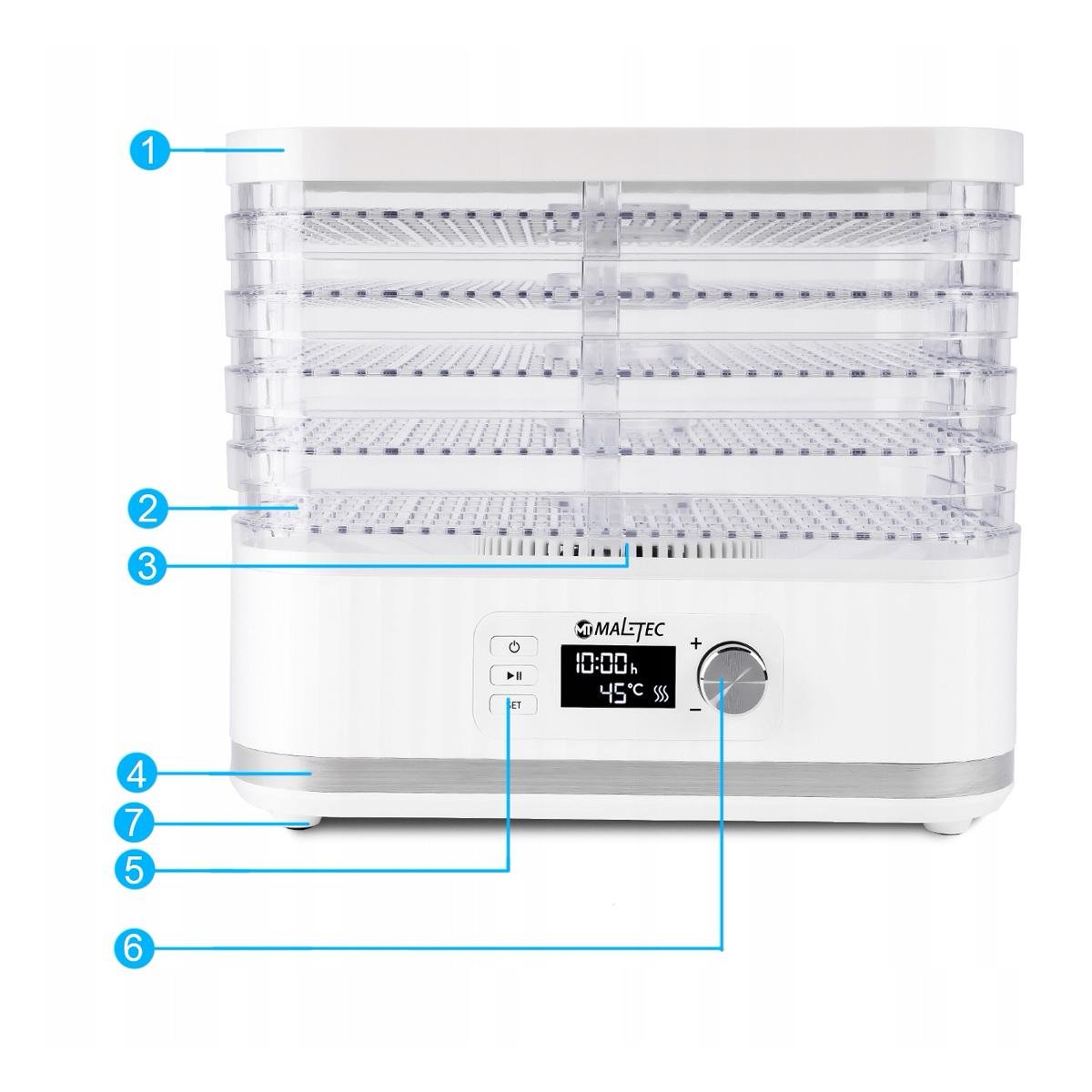 Сушилка для грибов фруктов овощей еды Maltec 110247 таймер 5 поддонов 450 Вт 12 л Белый - фото 8