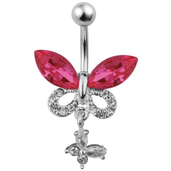 Сережка для пірсингу Банан у пупок метелик верхні крила великі рожеві стрази, а нижні з дрібних білих страз і з підвіскою