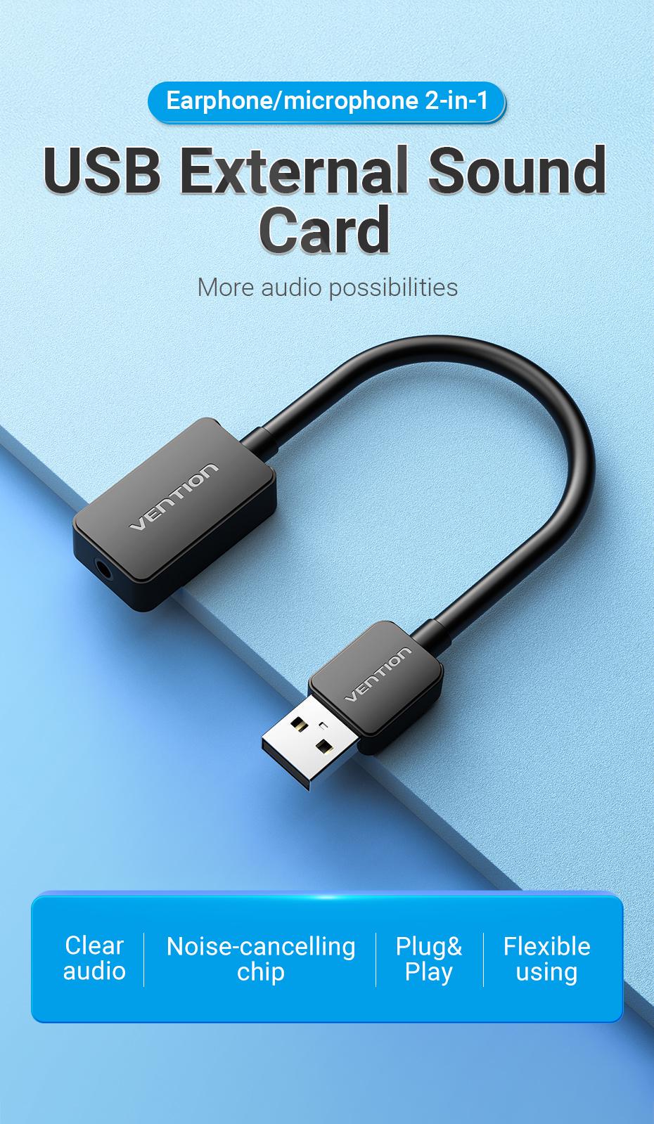 Зовнішня звукова карта Vention USB OMTP CTIA роз'єм 3,5 мм для гарнітури шумозаглушення Plug and Play 48кГц 16біт 0.15 м Чорний (CDZB0) - фото 2 Зовнішня звукова карта Vention USB OMTP CTIA роз'єм 3,5 мм для гарнітури шумозаглушення Plug and Play 48кГц 16біт 0.15 м Чорний (CDZB0) - фото 2