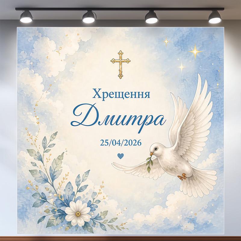 Баннер на крещение мальчика с белым голубем, золотыми звездами и цветами 160х160см, №48027