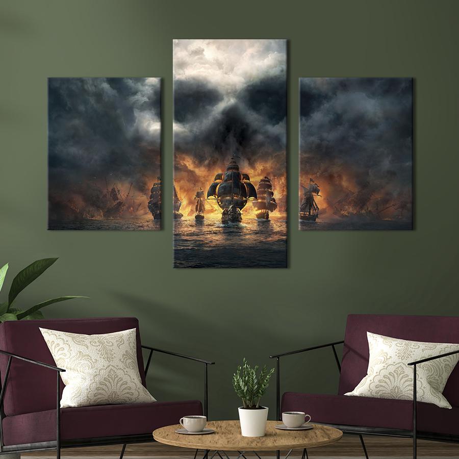 Картина на холсте триптих Череп над пиратским флотом 66x40 см (1441-32)