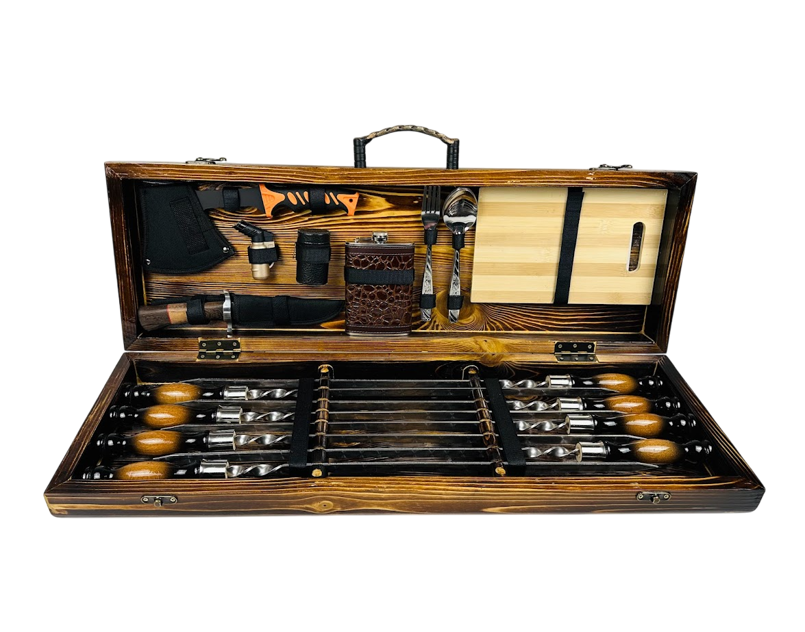 Набор шампуров ручной работы Пикник Лайт с аксессуарами 31 предмет в кейсе 75х24х10 см Коричневый (124-10-KS-7811)