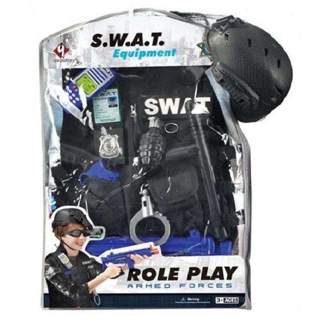 Набор полицейский Yue qlang каска автомат пистолет граната наручники рация 12 элементов Black (127997)