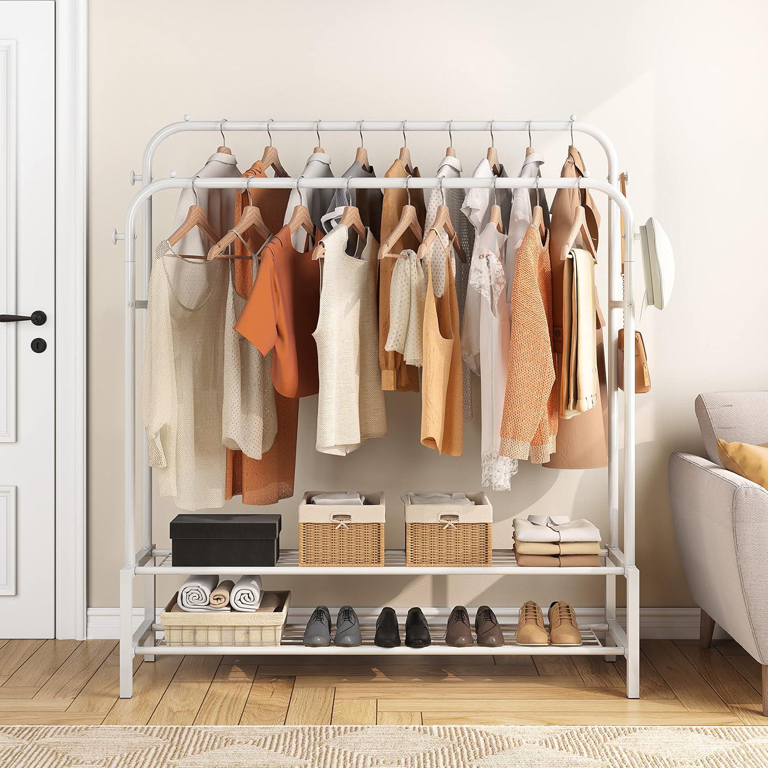 Стойка вешалка для одежды и обуви двойная DOAKT стальная напольная с крючками и колесами XL White (DSV-100WH) - фото 2