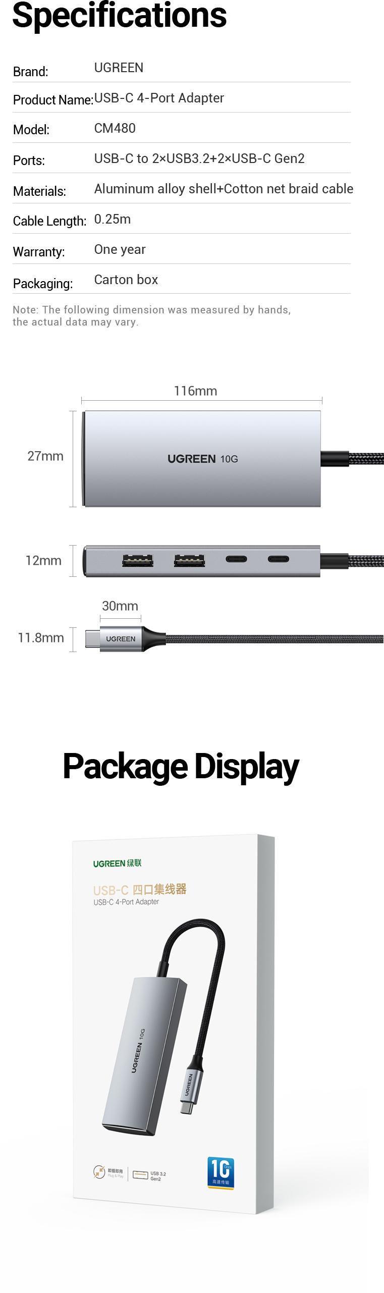 USB-хаб UGREEN Type-C-2x USB-A 3.2 Gen2 10 Гбіт/с 2x USB-C 3.2 Gen2 10 Гбіт/с USB-A Сірий (30758) - фото 7
