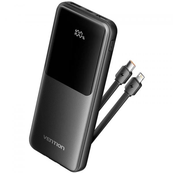 Повербанк Vention 10000 mAh 22,5W со встроенными USB-C и Lightning кабелями Черный (617581)