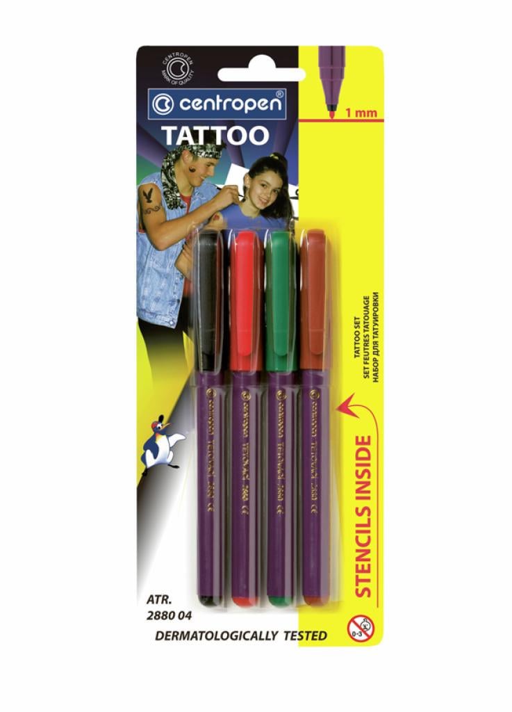Маркер Centropen TATTOO 2880 1 мм и трафарет 4 шт. (8595013625408)