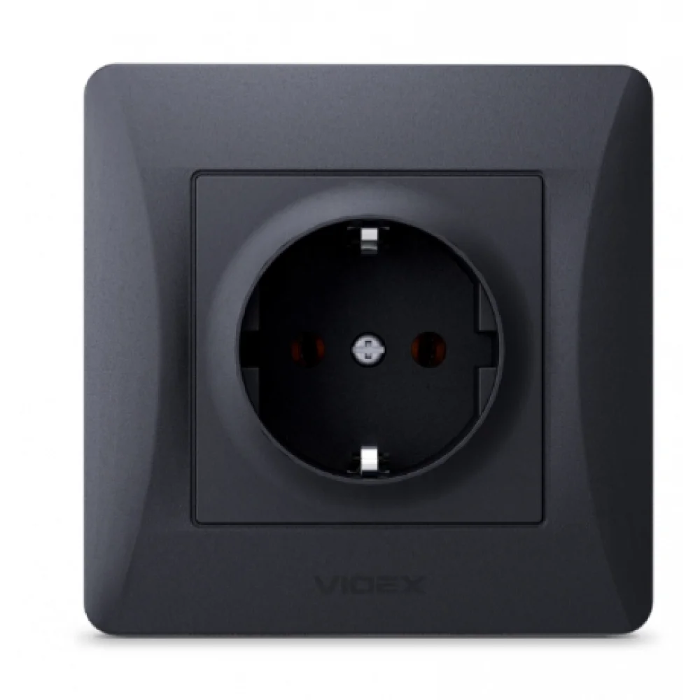 Розетка одинарна врізна із заземленням з рамкою Videx 86x86 мм Чорний (RO1507)