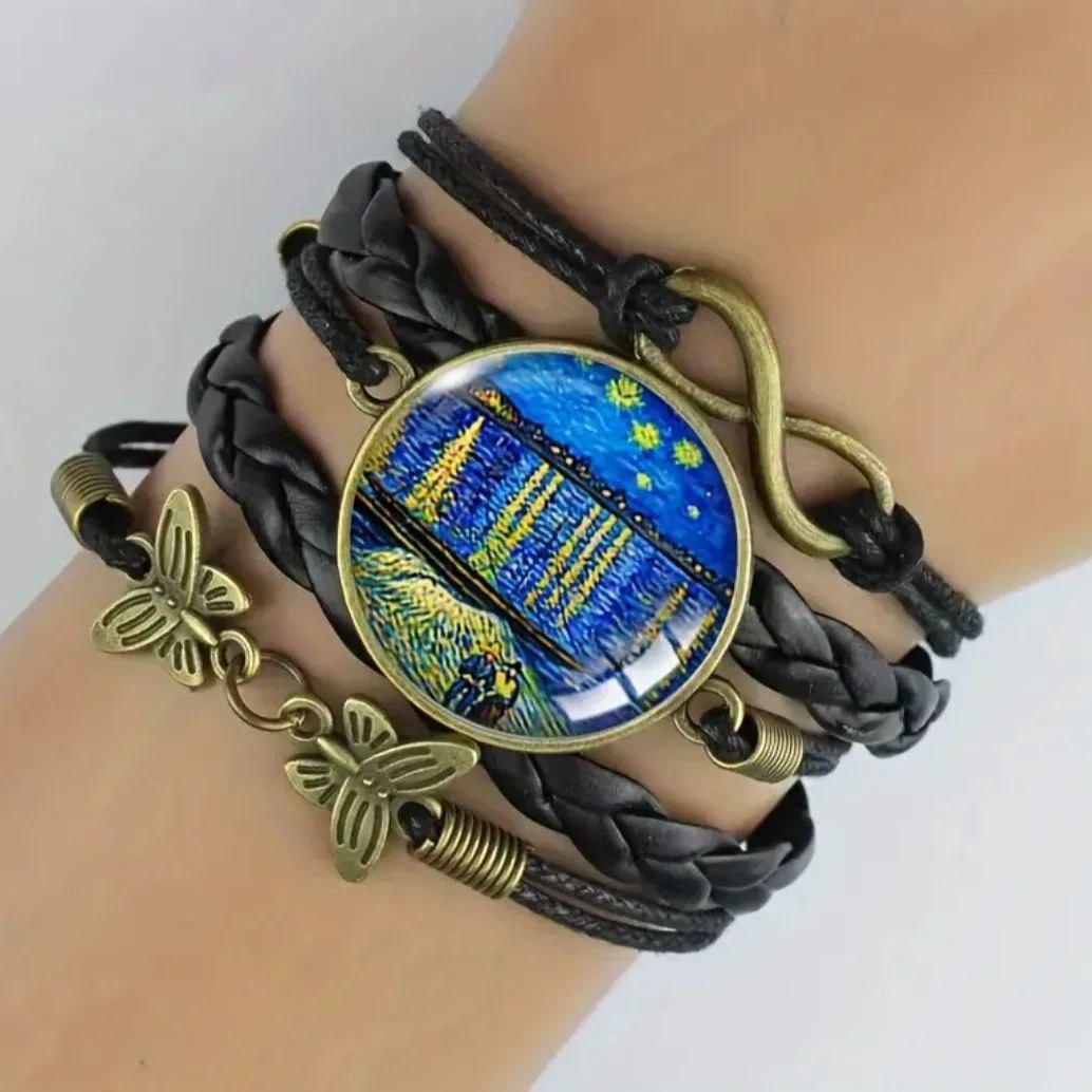 Браслет з екошкіри чорний з металевою застібкою Зоряна ніч над Роною (00093)