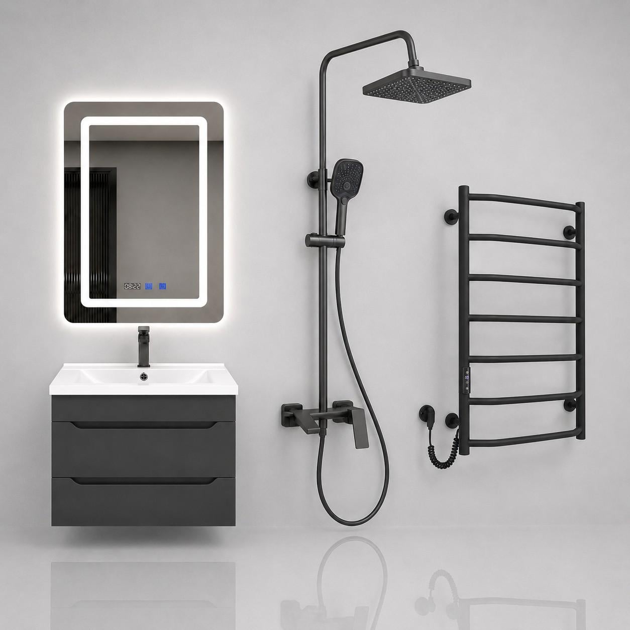 Набір для ванної кімнати 6в1 Sanwest Мальта Т-8 + Adamant Quanto 60 + Qtap Gemini/LED-дзеркало/рушникосушарка Ava/душова система Qtap