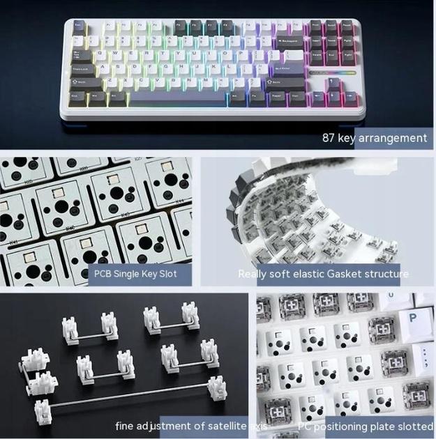Клавиатура беспроводная AULA F87 PROGasket Greywood V3/Bluetooth с RGB/3 режима подключения White-Grey - фото 7 Клавиатура беспроводная AULA F87 PROGasket Greywood V3/Bluetooth с RGB/3 режима подключения White-Grey - фото 7